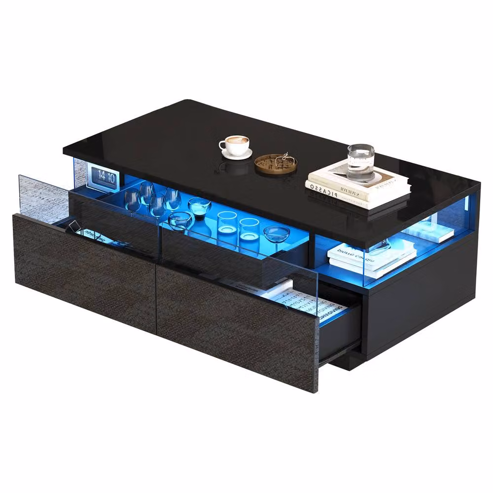 Merax High Gloss LED Coffee Table with Removable Tray and Glass Sides in Black, W/D/H: 90 x 45 x 35.5 cm – 6