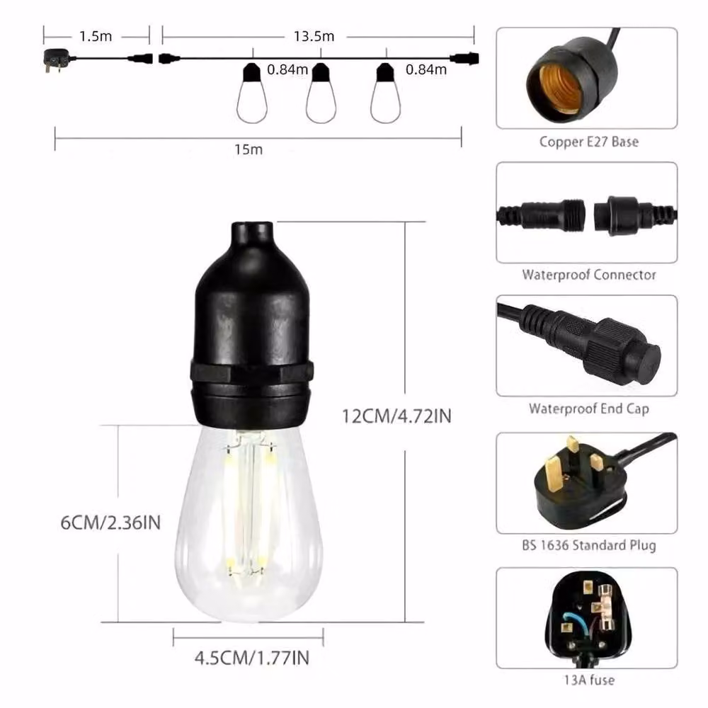 NESTLUNE Heavy Duty LED Festoon Lighting String, 15m, Black, Warm White, Indoor/Outdoor – 2