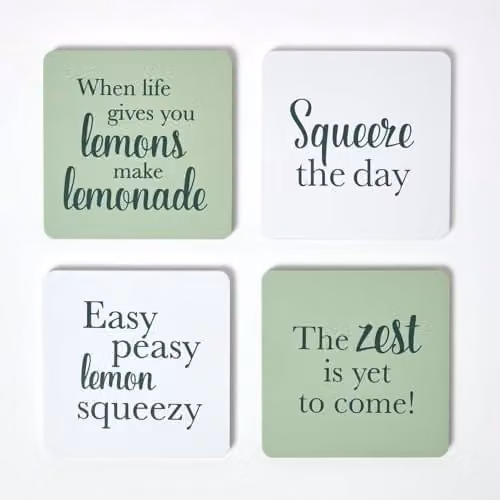 Homescapes Set of 4 Non-Slip Square Coasters with Holder, Green Citrus Design