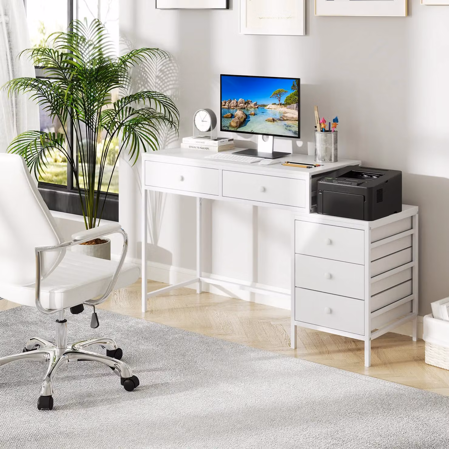 Costway Home Office Computer Desk with Side File Cabinet and 5 Drawers in White – 2