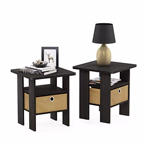 Furinno Andrey Set of 2 Espresso Side Tables with Open Shelves and Storage Bin
