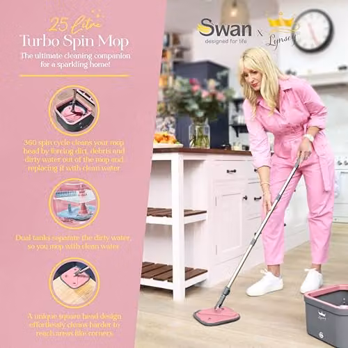 Swan x Lynsey TV Queen of Clean Turbo Spin Mop with Clean and Dirty Water Separation, 2 Washable Microfibre Pads and Collapsible Handle, Pink and Grey, SWFC1002QOCN – 2