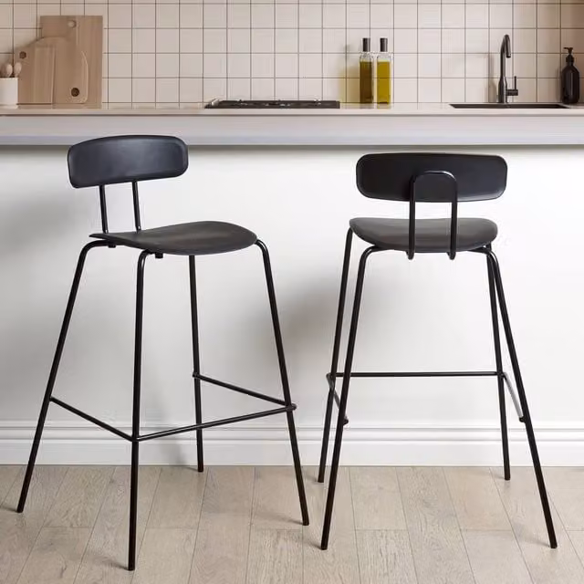 Wyld and Coco Set of 2 Black Counter Stools with Synthetic Leather Seats and Powder Coated Metal Legs – 1