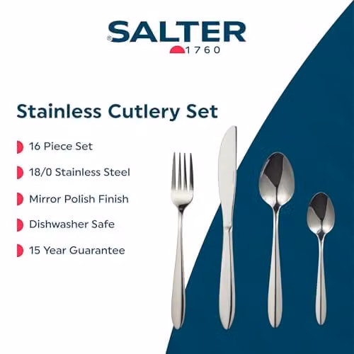 Salter Leyland 16 Piece Silver Stainless Steel Cutlery Set with Mirror Polish Finish for 4 Place Settings – 2