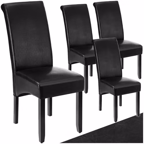 tectake Set of 4 Modern Dining Chairs with Black Synthetic Leather and Lacquered Wood Legs