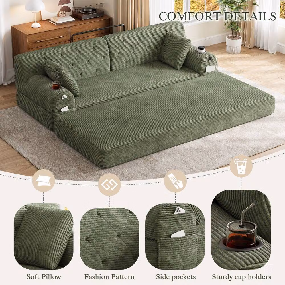 Rolipo Green 3-Seater Corduroy Sleeper Sofa with High Back and Cup Holders – 3