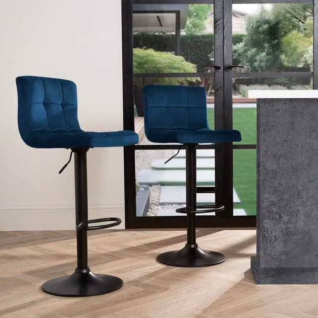 OHS Set of 2 Adjustable Velvet Swivel Bar Stools in Dark Navy Blue