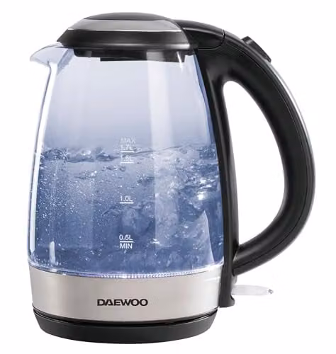 Daewoo 1.7L Glass and Stainless Steel Electric Kettle with LED Light, 2200W Fast Boil and Auto Shut-Off in Transparent Blue – 1