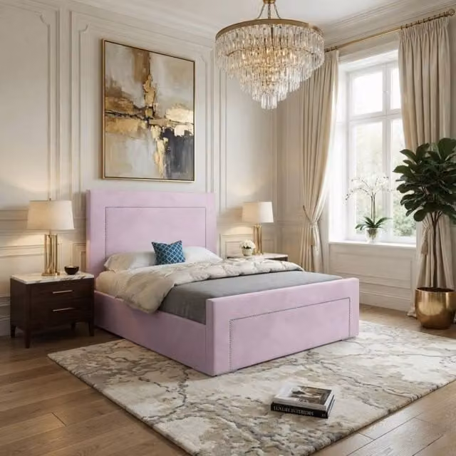 KDMD Lyminge Upholstered Pink Velvet Designer Bed Frame, W/D/H: 200 x 200 cm
