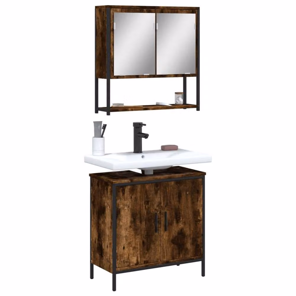 Berkfield Home 2 Piece Industrial Bathroom Furniture Set in Brown Smoked Oak with Mirror Cabinet and Vanity Unit – 1