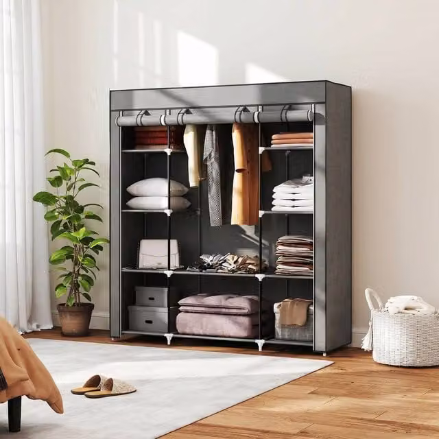 HOMCOM Portable Foldable Wardrobe with Hanging Rod and Internal Shelves, Grey, W/D/H: 150 x 43 x 162.5 cm – 1
