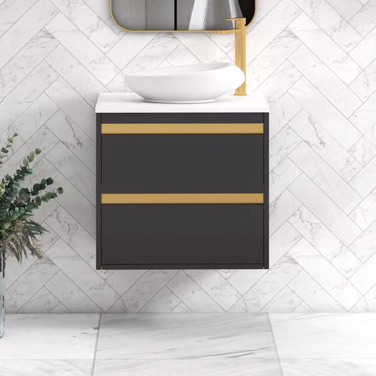 Royal Bathrooms Orion 600mm Matt Obsidian Black Wall Hung 2 Drawer Vanity Unit with Plain White Nova Basin and Brushed Brass Accent Trim