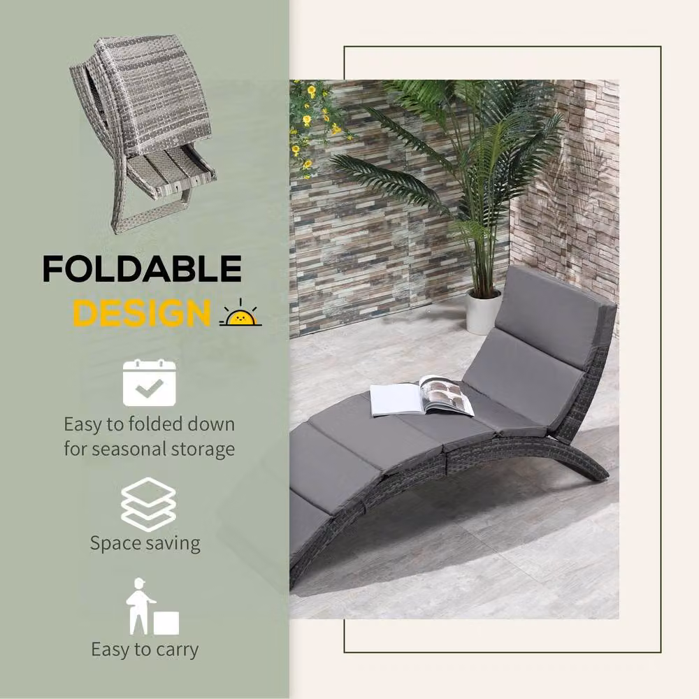 Outsunny Grey Polyrattan Garden Sun Lounger with Weatherproof Cushion – 6