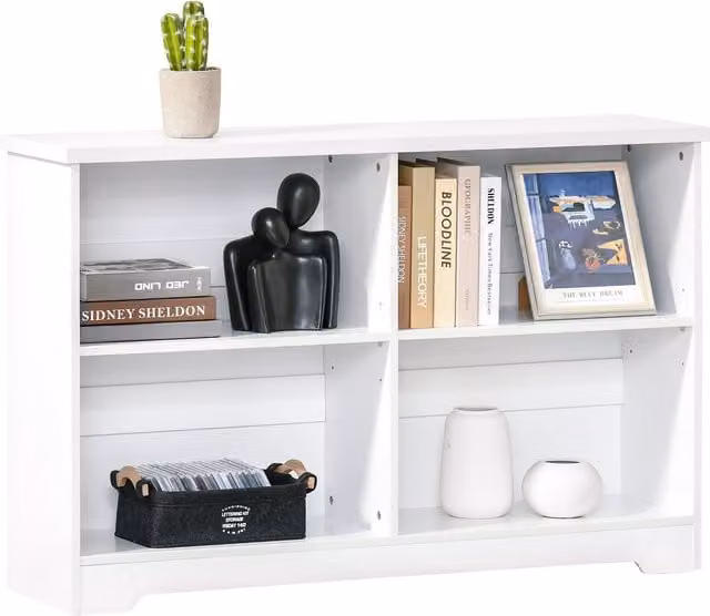 HOMCOM Modern 2-Tier 4-Compartment Cube Display Bookcase with Adjustable Shelves in White – 1