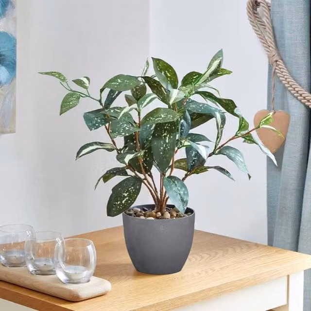 Marco Paul Artificial Potted Japanese Laurel Tabletop Plant in Green and Grey