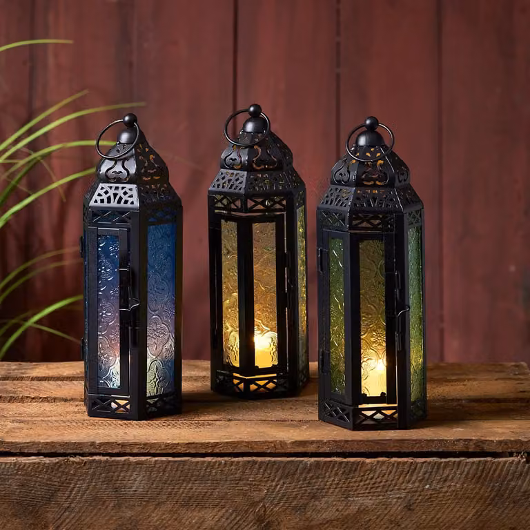 Lights4fun Set of 3 Black Metal Moroccan Tabletop LED Flameless Candle Lanterns with Colourful Glass