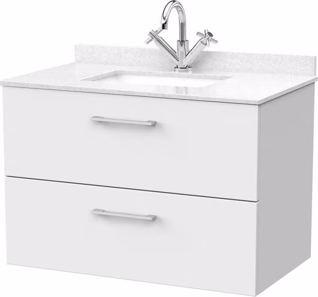 Balterley Pershall Modern Wall Mounted 2 Drawer Vanity Unit with Marble Top and Basin, Matt White, Width: 80 cm