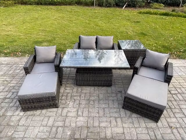 Fimous High Back Rattan Garden Furniture Set in Dark Grey with Height Adjustable Lifting Table, 2-Seater Sofa and 2 Ottomans