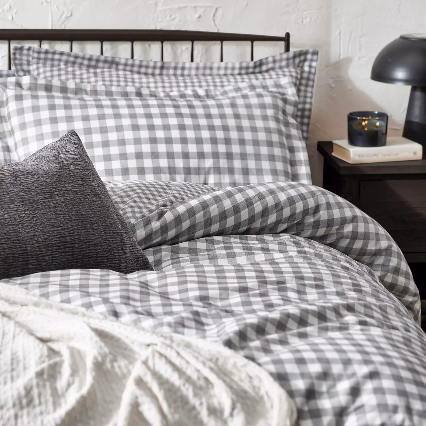 Yard Barton Reversible Gingham Check Cotton Duvet Cover and Pillowcase Set, Grey, W: 140 cm, D: 200 cm – 2