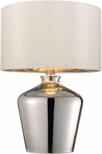 Loops Modern Mirror Table Lamp with Gloss Chrome Glass Base and Ivory Fabric Shade
