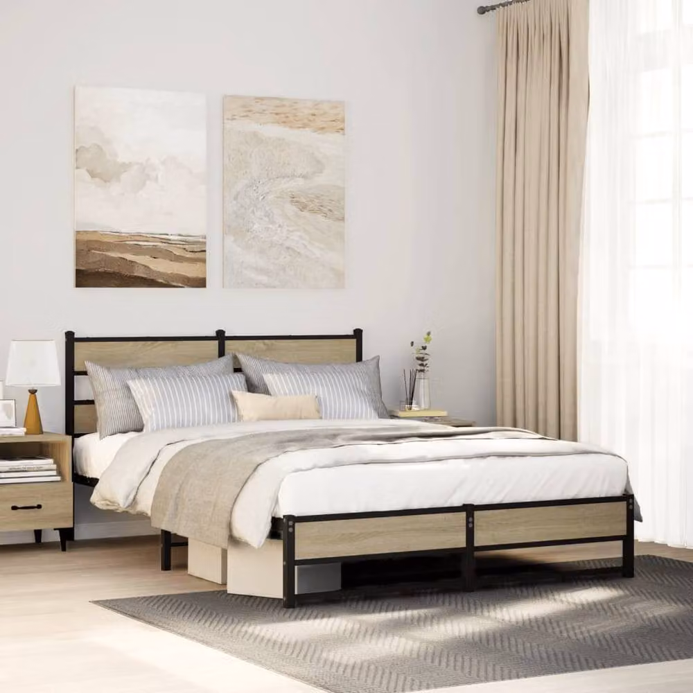 Berkfield Home Metal and Wood Bed Frame in Sonoma Oak and Brown, W/D/H: 160 x 200 x 91.5 cm – 2