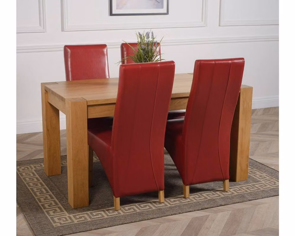 Thats Furniture Kuba Oak Dining Table and 4 Lola Burgundy Leather Chairs Set, W: 150 cm, D: 85 cm, H: 78 cm – 3