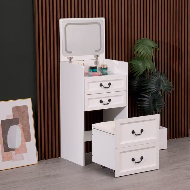 WestWood Modern Dressing Table with Stool Set featuring Flip Top LED Mirror in White