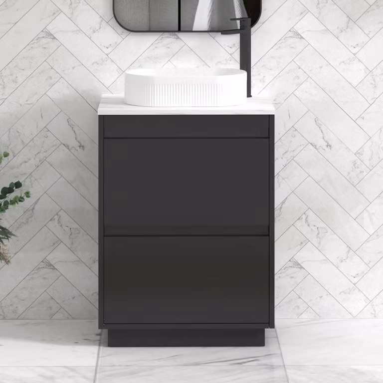 Royal Bathrooms Orion 600mm Matt Obsidian Black Floor Standing 2 Drawer Vanity Unit with Lyon Basin and Black Accent Trim