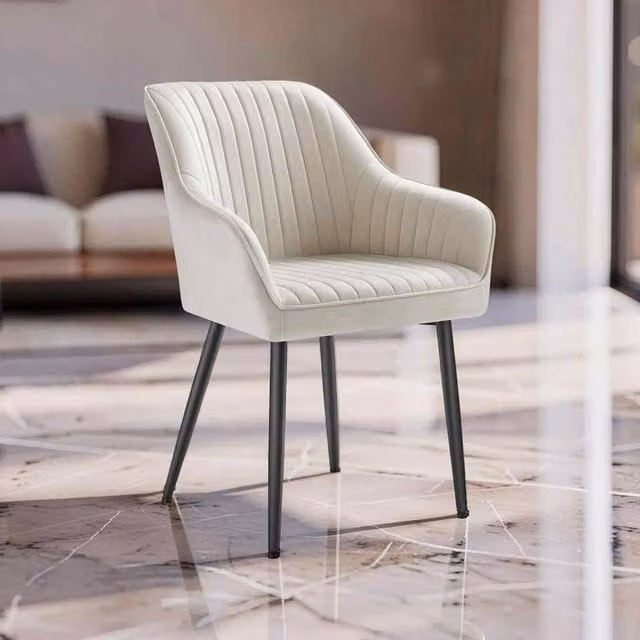 The Bazaarist Modern Velvet Dining Chair with Armrests and Metal Legs in Beige and Black – 1