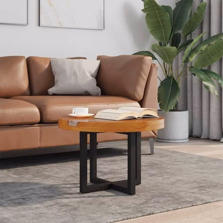 Berkfield Home Round Teak and Mango Wood Coffee Table with Resin Inlay, Brown and Black, Diameter: 60 cm
