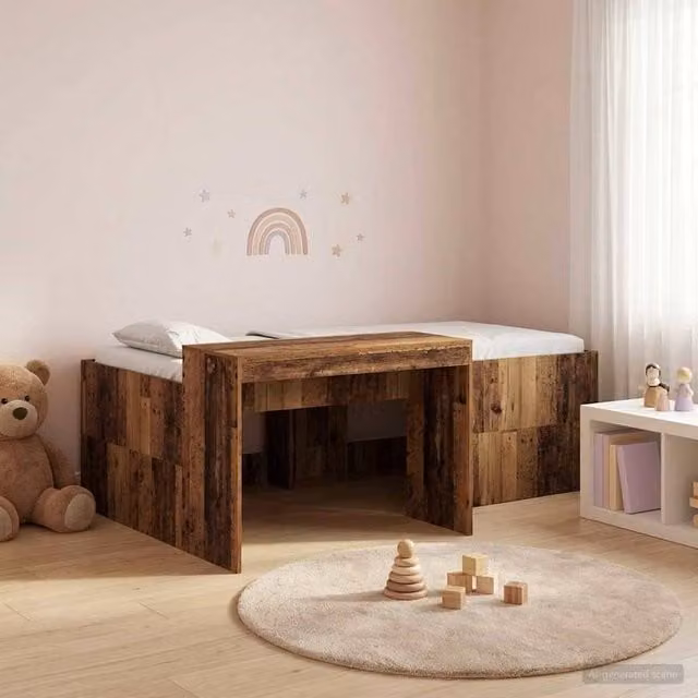 Berkfield Home Kids High Bed Frame with Desk in Brown Old Wood, W: 75 cm, L: 190 cm