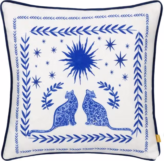 Frieze Piped Velvet Cushion in Blue and Coral Polyester