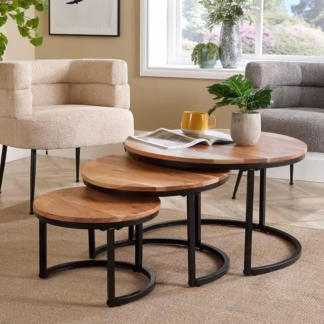 Home Source Nest of 3 Round Acacia Wood and Metal Tables in Brown