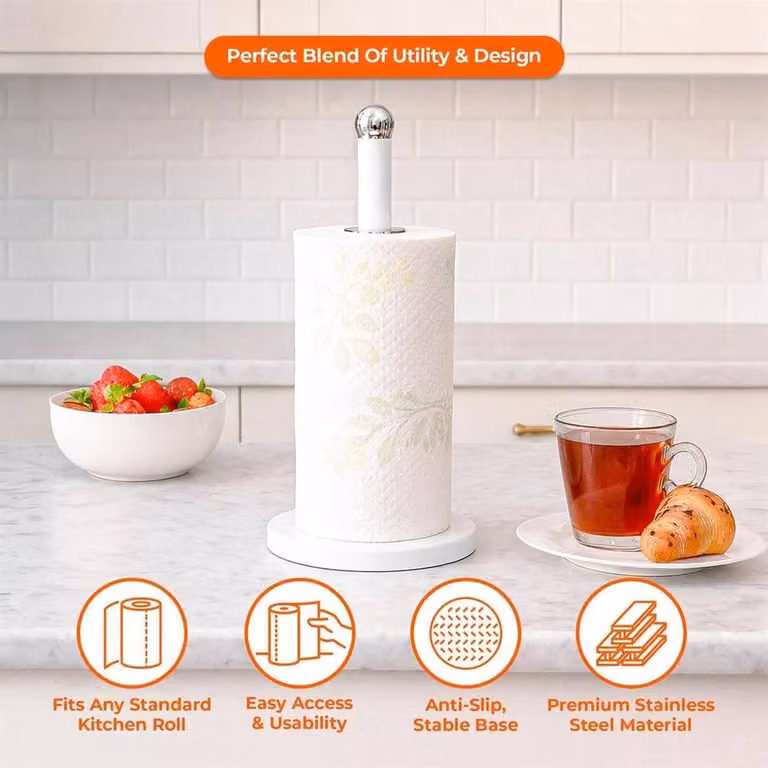 Kelvenix White Kitchen Mug Tree and Paper Towel Holder Set with Non-Slip Stainless Steel Base
