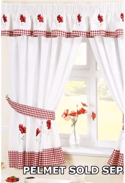 Alan Symonds Poppies Floral Pencil Pleat Curtains, White and Red, W: 137 cm, H: 168 cm