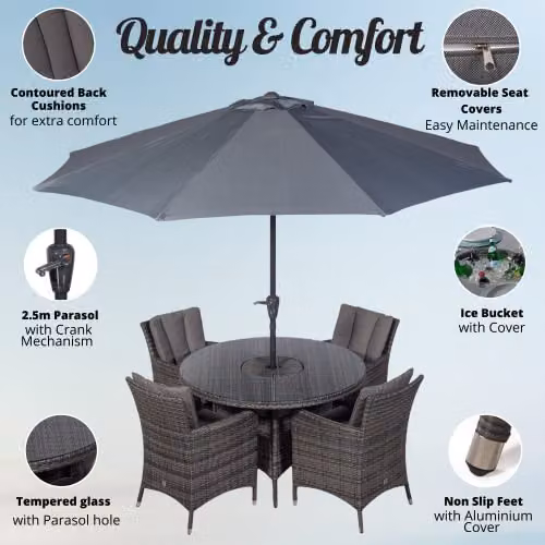 Thats Furniture Giardino Savannah 4 Seater Rattan Garden Dining Set with Ice Bucket Cooler in Grey and Brown, Round Table W: 120 cm – 2