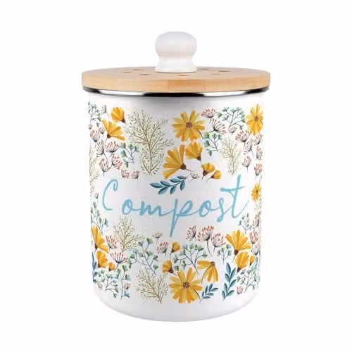 Purely Home Yellow Daisies Metal Compost Caddy with Removable Inner Bucket and Odour Filter, 2L