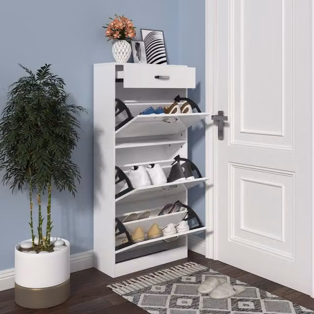 HOMCOM Modern High Gloss White Shoe Cabinet with 4 Drawers and Tilting Compartments