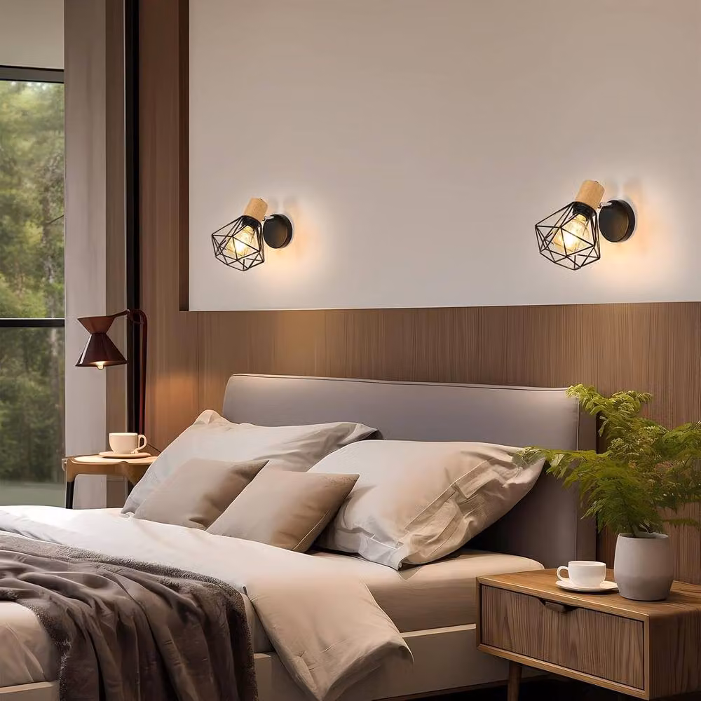 Goeco Pack of 2 Industrial Vintage Wall Lights in Black and Wood with 360 Degree Adjustable Omnidirectional Design – 5