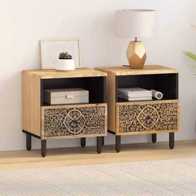 Berkfield Home Beautiful Bedside Cabinets, Set of 2, Brown Solid Mango Wood, W/D/H: 40 x 33 x 46 cm
