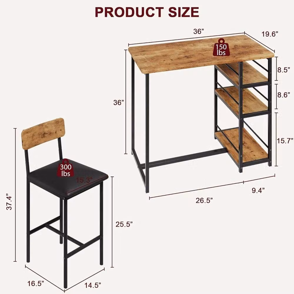 VOGREX Industrial Dining Set with Rectangular Bar Table and Two Upholstered Chairs in Brown and Multicolour – 2