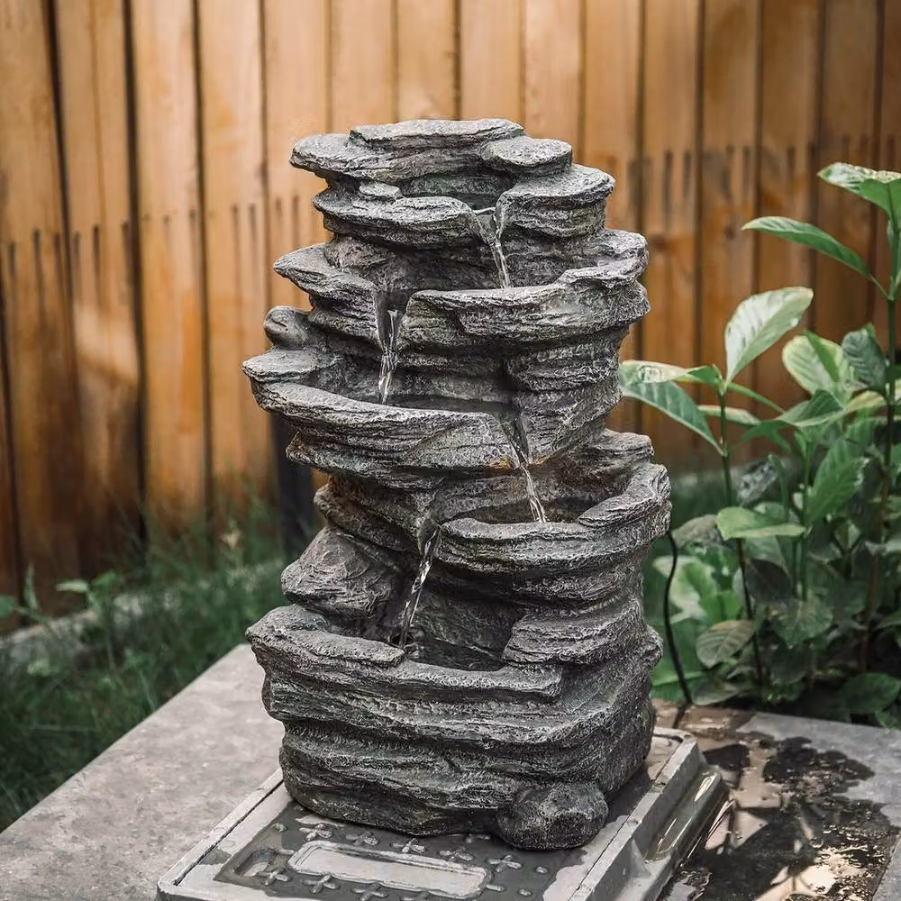EONLION Grey Stone Polyresin Freestanding Fountain Water Feature with LED Lights, Width: 100 cm – 2