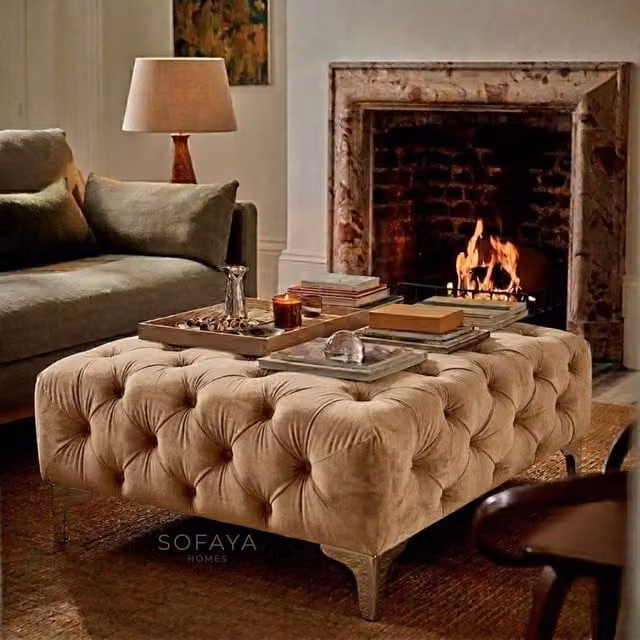Sofaya Monaco Chesterfield Velvet Foot Stool and Coffee Table in Light Brown, W: 100 cm, D: 80 cm