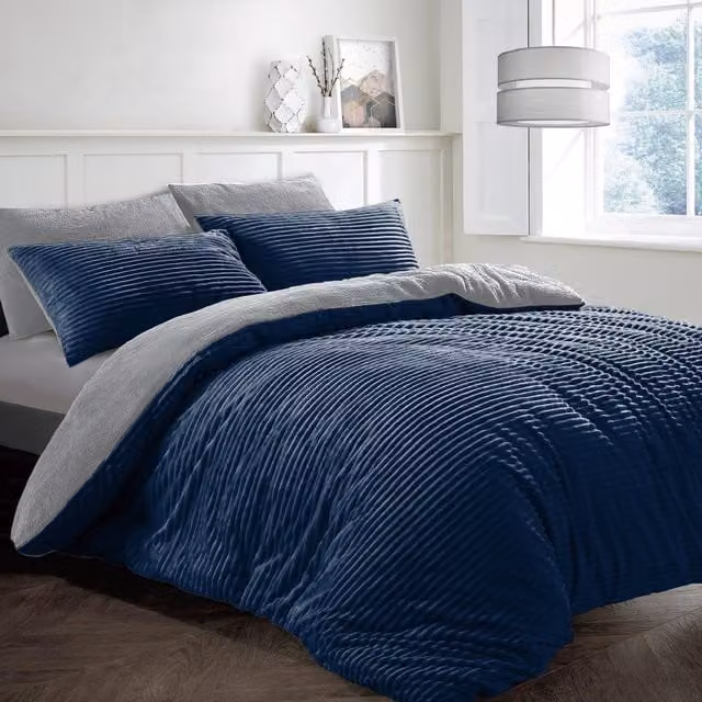 VELOSSO Reversible Plush Ribbed Navy Cord Cosy Teddy Soft Fleece Duvet Set with 2 Pillowcases