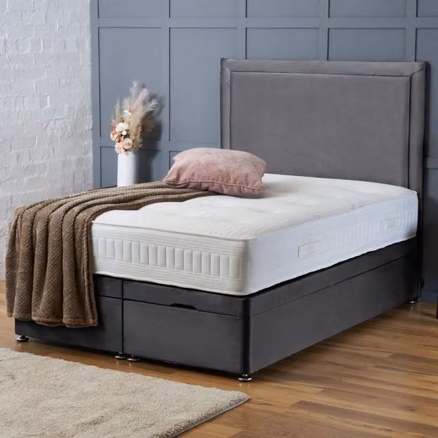 BSSPOKE Ella Ottoman Divan Bed with 54 inch Headboard in Grey Plush Velvet, W/D/H: 90 x 190 cm