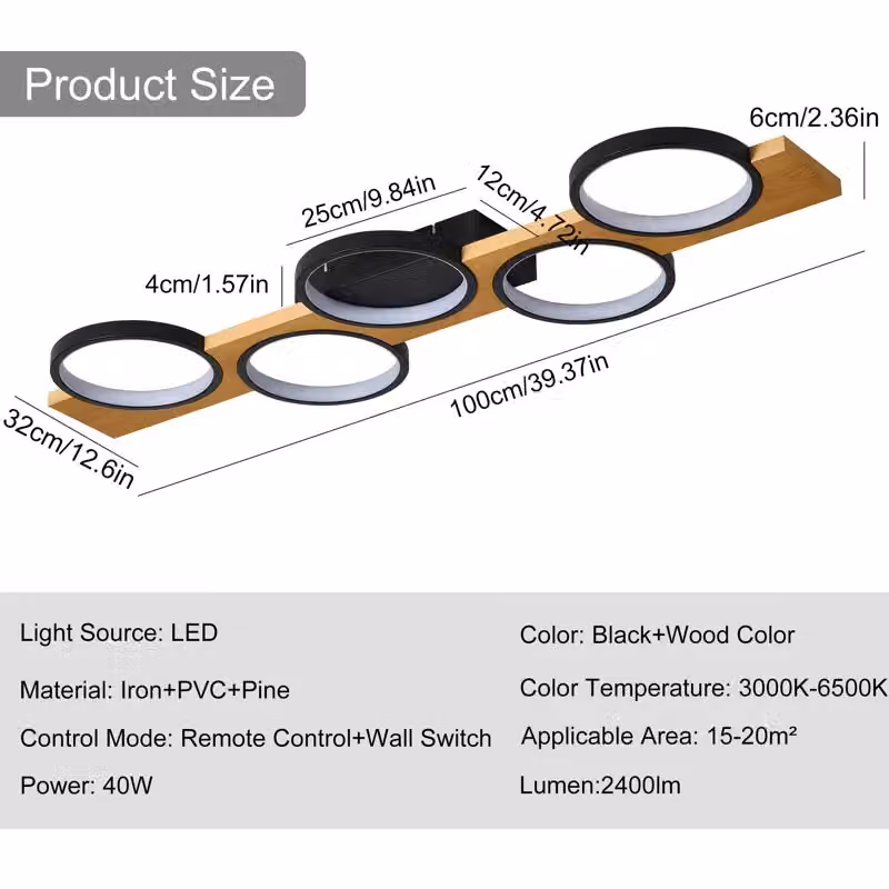 Garwarm Black Five-Circle Design LED Flush Mount Ceiling Light with Remote Control and Dimming Function, Diameter: 99.99 cm – 6