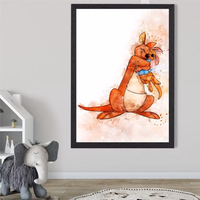 ARTZE Kanga and Roo Watercolour Winnie the Pooh Art Print with Black Frame, Orange and Multicolour, A4 – 1