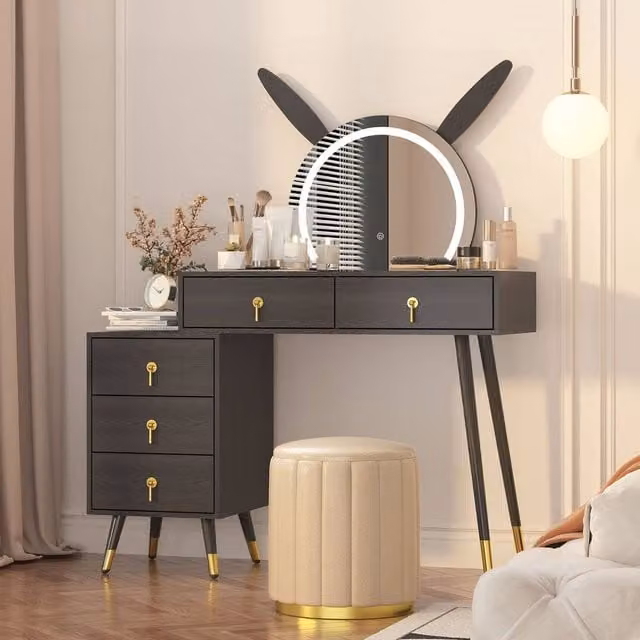 KEEPREAPER Modern Dressing Table with LED Mirror and 5 Drawers in Black with Metal Legs – 1