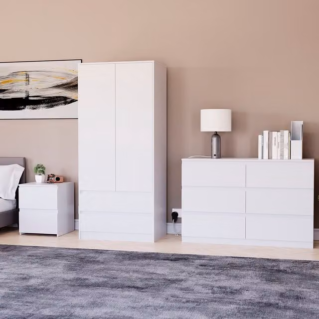 Vida Designs Denver Bedroom Set in White Matt Finish including 2 Drawer Bedside, 6 Drawer Chest and 2 Door 2 Drawer Wardrobe