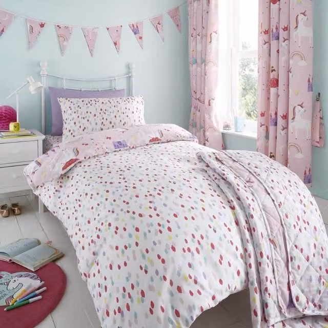 Happy Linen Company Reversible Pink and White Dotted Childrens Animal Duvet Cover and Pillowcase Set, Duvet Cover: 140 x 200 cm, Pillowcase: 50 x 75 cm
